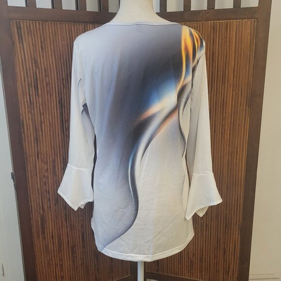 Womens XL White Blue Button Neck Pullover Stretch 3/4 Flair Sleeve Blouse Unworn - Picture 2 of 13